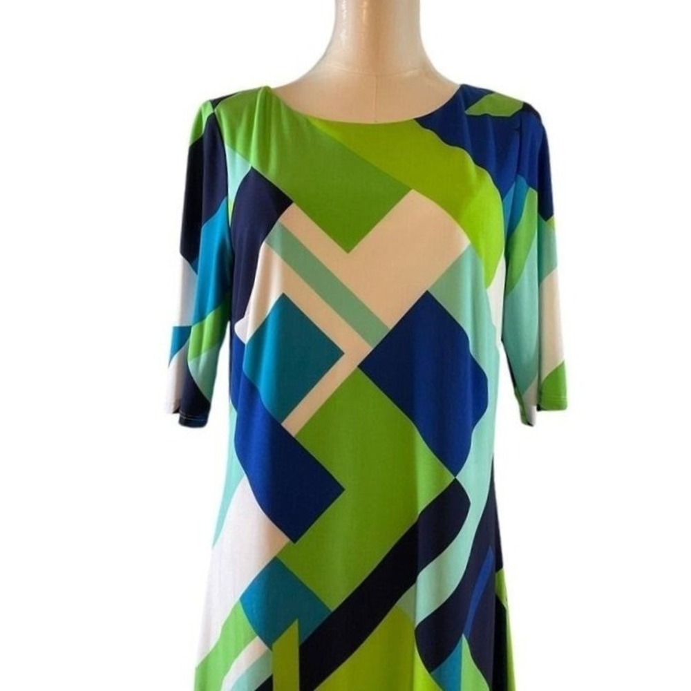 Jessica Howard Women's Blue Green Geometric Abstract Print Shift Dress Size 10 - Picture 2 of 12